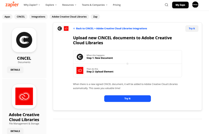 Integracion CINCEL con Adobe Creative Cloud Libraries a traves de Zapier
