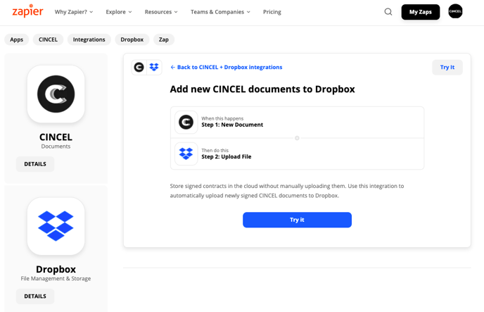 Integracion CINCEL con Dropbox a traves de Zapier