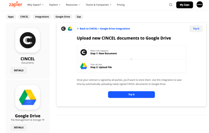 Integracion CINCEL con Google Drive a traves de Zapier