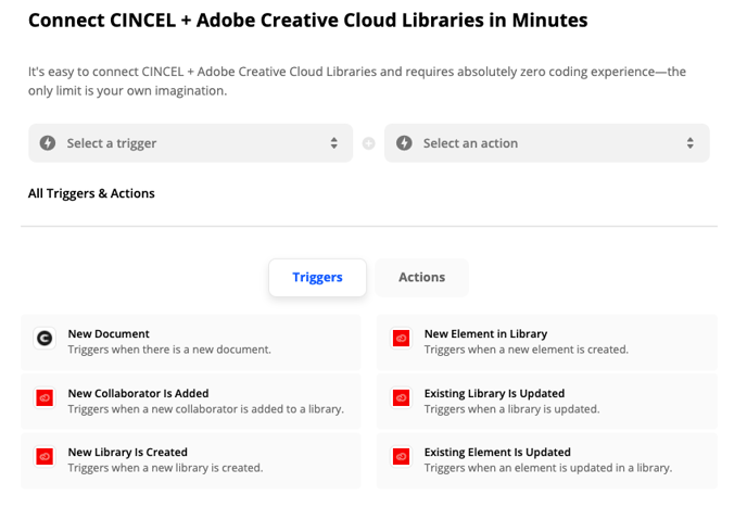 Triggers y zaps de CINCEL con Adobe Creative Cloud Libraries a traves de Zapier