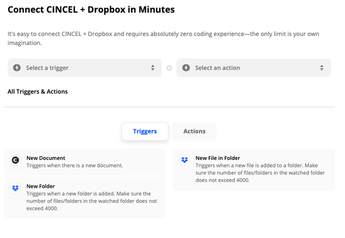 Triggers y zaps de CINCEL con Dropbox a traves de Zapier