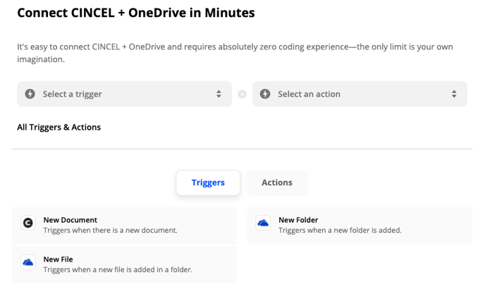Triggers y zaps de CINCEL con Microsoft OneDrive a traves de Zapier